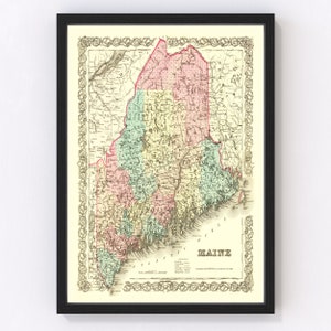 Maine Vintage Map from 1855 - Old State Map Art Print of Maine, ME - Framed or Canvas