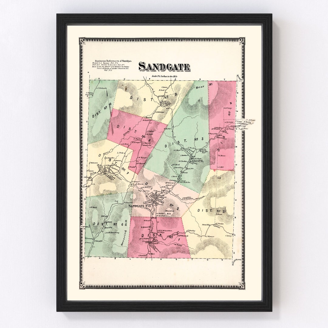 Sandgate VT Map 1869 Old Map of Sandgate Township Vermont Art Vintage