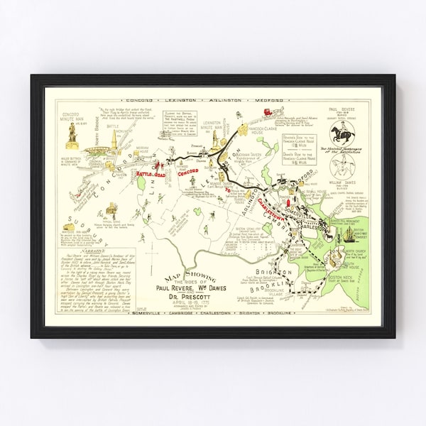 Rides of Paul Revere Map 1929 - Old Map of Rides of Paul Revere Art Vintage Print Framed Wall Art Canvas Portrait History Travel