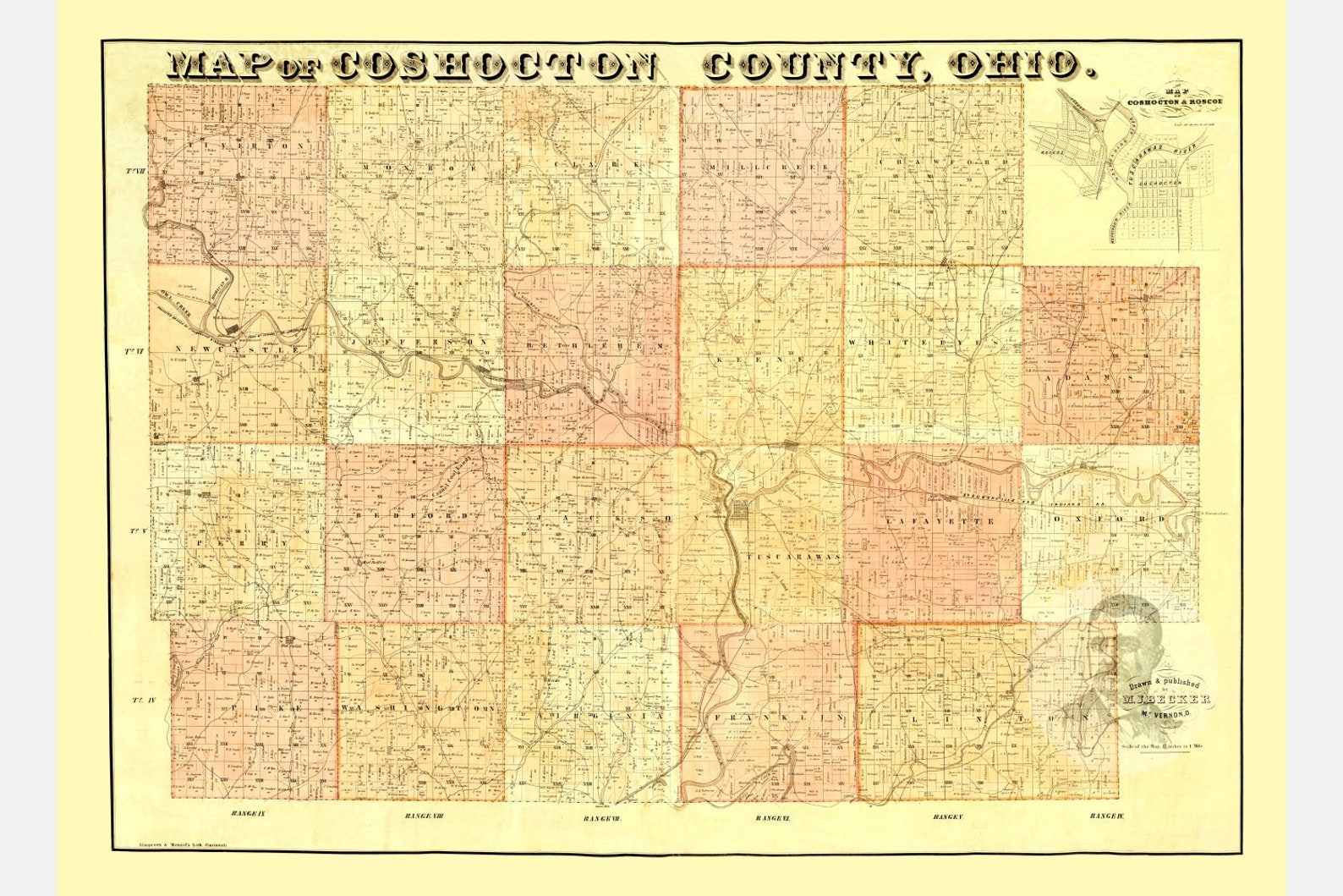 Vintage Coshocton County Map 1850 Old Map Of Coshocton Etsy