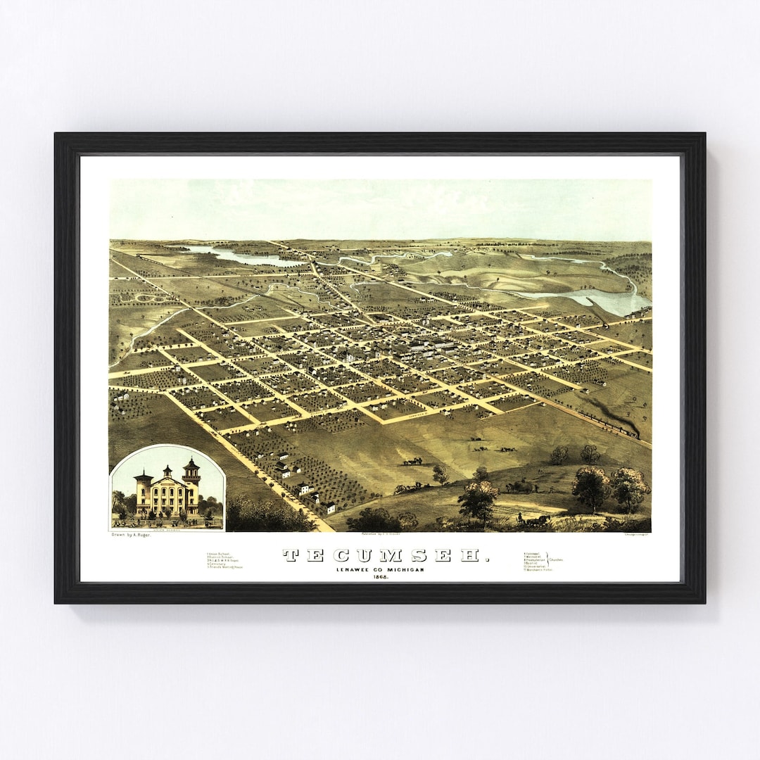 Tecumseh Map 1868 Old Map of Tecumseh Michigan Art Vintage Print Framed ...