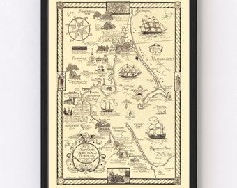 May include: A black and white illustrated map of Plymouth, Kingston, and Duxbury, Massachusetts. The map shows the locations of historical landmarks and events, including the Mayflower landing, the first Thanksgiving, and the founding of Plymouth Colony. The map is surrounded by a decorative border and includes a compass rose and a key.