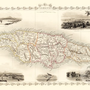 Pode incluir: Um mapa antigo da Jamaica, mostrando as par&oacute;quias da ilha e as &aacute;guas circundantes. O mapa &eacute; impresso em preto e branco com acentos vermelhos e amarelos. O mapa &eacute; rodeado por uma borda decorativa.