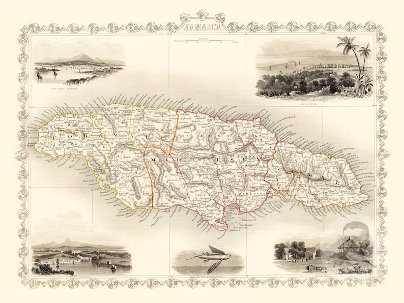 Pode incluir: Um mapa antigo da Jamaica, mostrando as par&oacute;quias da ilha e as &aacute;guas circundantes. O mapa &eacute; impresso em preto e branco com acentos vermelhos e amarelos. O mapa &eacute; rodeado por uma borda decorativa.
