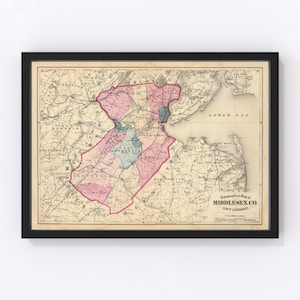 May include: A vintage topographical map of Middlesex County, New Jersey, with a detailed outline of the county's townships. The map is printed in black and white with colored accents, including pink, blue, and green. The map is framed in a black frame.