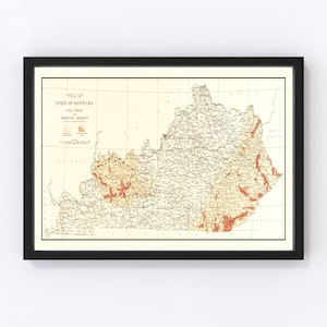 May include: A vintage map of the state of Kentucky, showing coal fields and producing districts. The map is in shades of brown, red, and yellow, with black lines for borders and rivers. The map is framed in black.