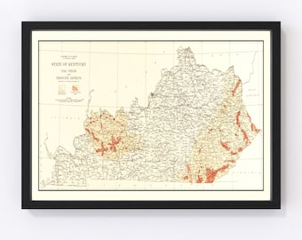 May include: A vintage map of the state of Kentucky, showing coal fields and producing districts. The map is in shades of brown, red, and yellow, with black lines for borders and rivers. The map is framed in black.