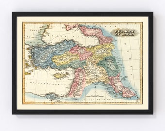 May include: An antique map of Turkey in Asia, printed in black, red, blue, green, yellow, and pink. The map shows the provinces of Turkey in Asia, including the Black Sea, the Mediterranean Sea, and the Aegean Sea. The map is titled "Turkey in Asia".