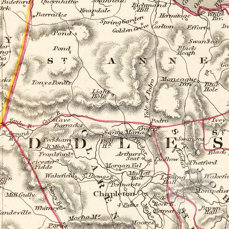 Pode incluir: Um mapa vintage da &aacute;rea em torno da cidade de Diddle, com os nomes das cidades e caracter&iacute;sticas geogr&aacute;ficas pr&oacute;ximas. O mapa &eacute; impresso em preto e branco com linhas vermelhas e rosadas destacando as estradas e os rios.
