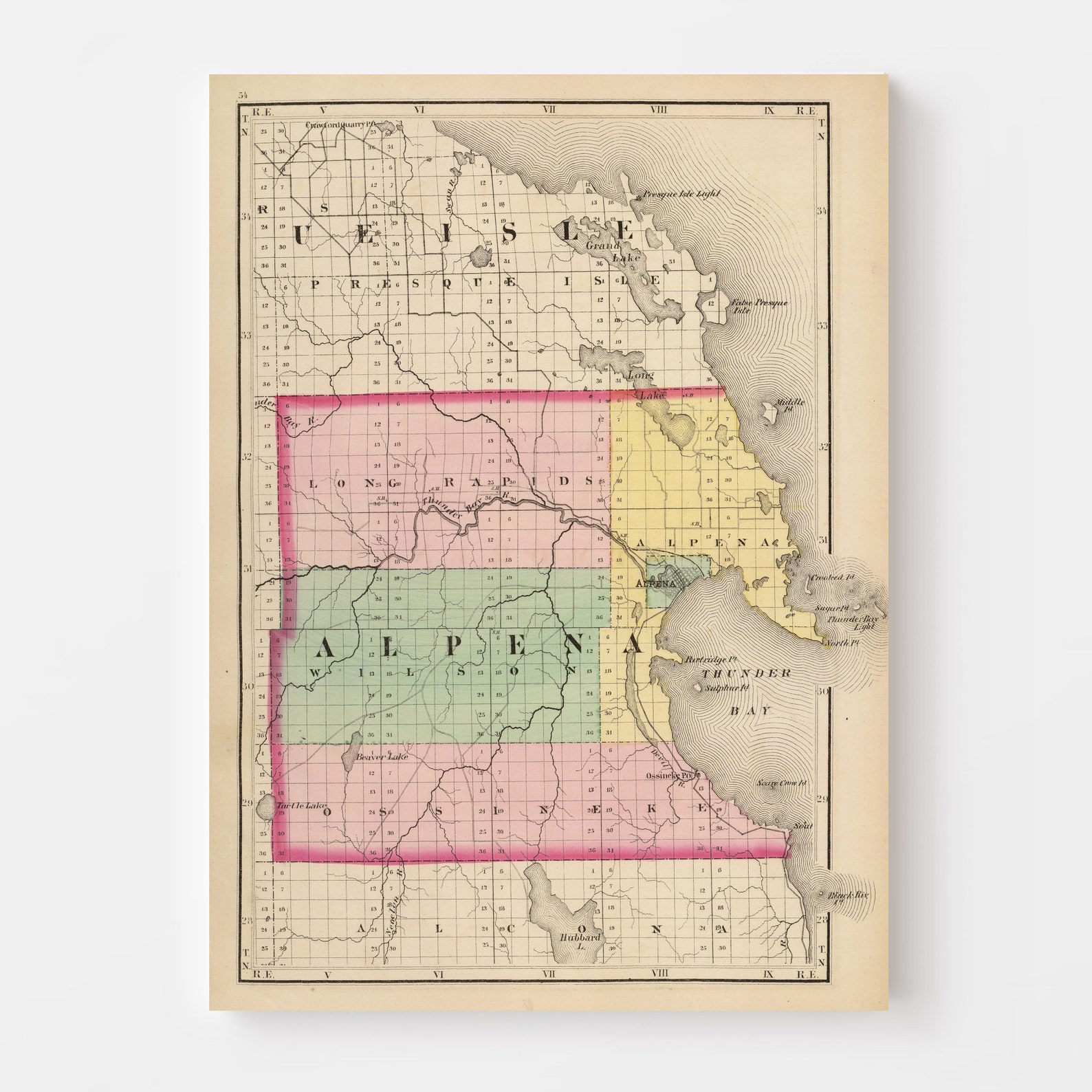 Alpena County MI Map 1873 Old Map of Alpena Michigan Art Etsy