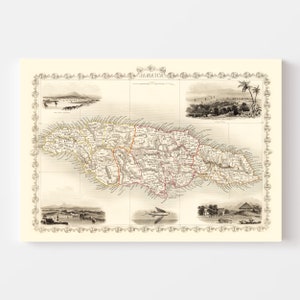 Pode incluir: Um mapa antigo da Jamaica, impresso em preto e branco com acentos vermelhos e amarelos. O mapa mostra a costa da ilha, os rios e as montanhas. O mapa &eacute; rodeado por uma borda decorativa e inclui quatro imagens menores de cenas da Jamaica.