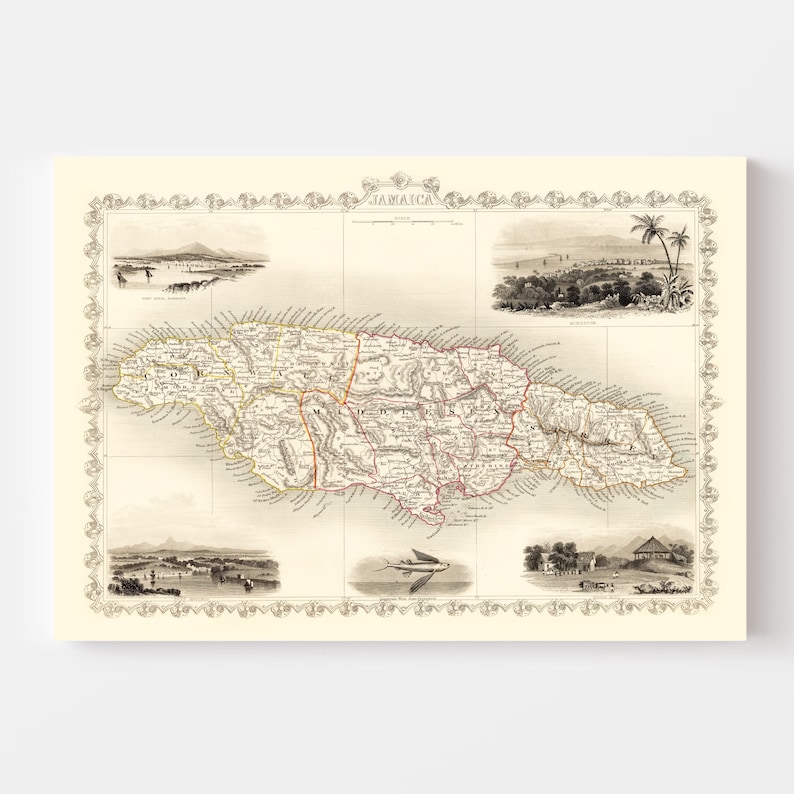 Pode incluir: Um mapa antigo da Jamaica, impresso em preto e branco com acentos vermelhos e amarelos. O mapa mostra a costa da ilha, os rios e as montanhas. O mapa &eacute; rodeado por uma borda decorativa e inclui quatro imagens menores de cenas da Jamaica.