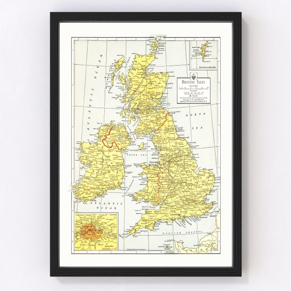 British Isles Map Art - Vintage Print from 1943 - Old British Isles Art - Framed or Canvas