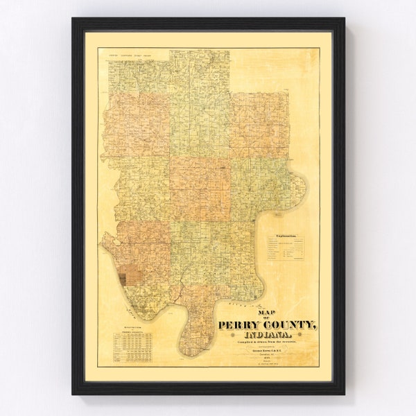 Perry County Indiana Map 1894 - Old Map of Perry County Indiana Art Vintage Print Framed Canvas Portrait History Genealogy Farmhouse Décor