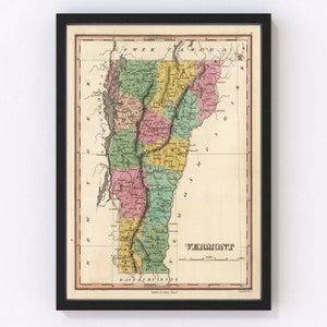 Vermont Map 1824 - Old Map of Vermont Art Vintage Print Framed Wall Art Canvas Portrait VT History Genealogy Farmhouse Décor