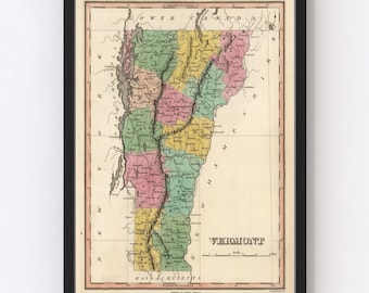 Vermont Map 1824 - Old Map of Vermont Art Vintage Print Framed Wall Art Canvas Portrait VT History Genealogy Farmhouse Décor