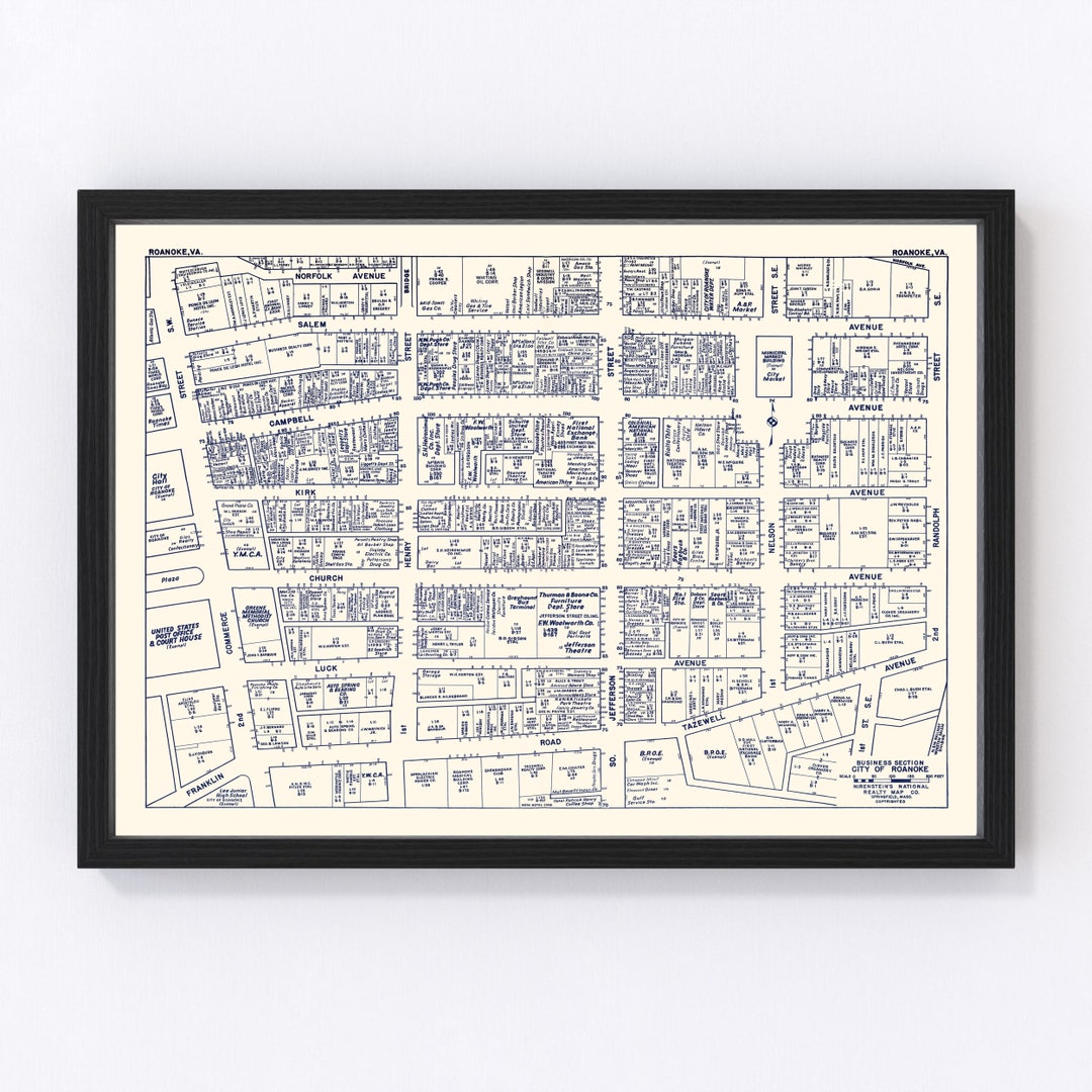 Roanoke Map 1950 Old Map of Roanoke Business Section Virginia Art Vintage Print Framed Canvas ...