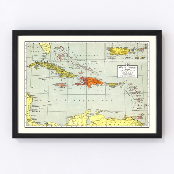 Caribbean Sea Map Art Vintage Print From 1943 Old | Etsy