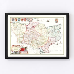 Kent Map 1665, Vintage Kent Map, Old Kent Art, Wall Art Gift for Kent History Lovers Retro Decor