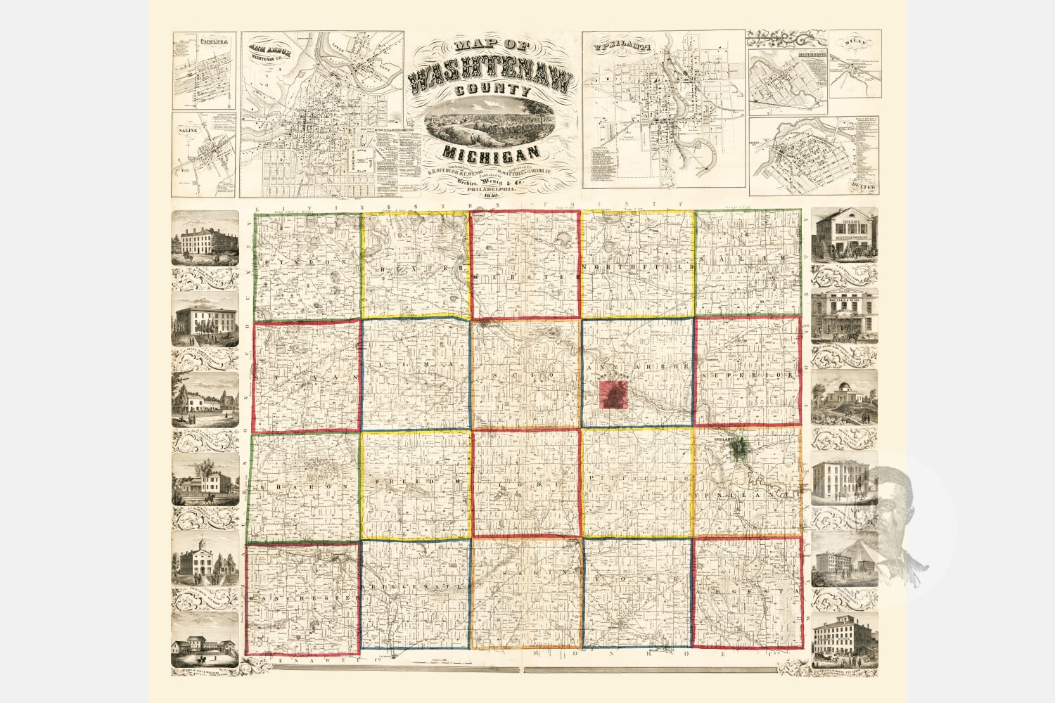Vintage Washtenaw County Map 1856 Old Map of Washtenaw Etsy