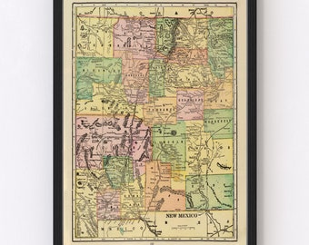 May include: A vintage map of New Mexico, showing the state's counties and major cities. The map is printed in a variety of colors, including green, yellow, pink, and blue. The map is framed in a black frame.