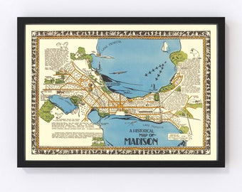 Madison Map 1924 - Old Map of Madison Wisconsin Art Vintage Print Framed Canvas Portrait History Genealogy Farmhouse Décor