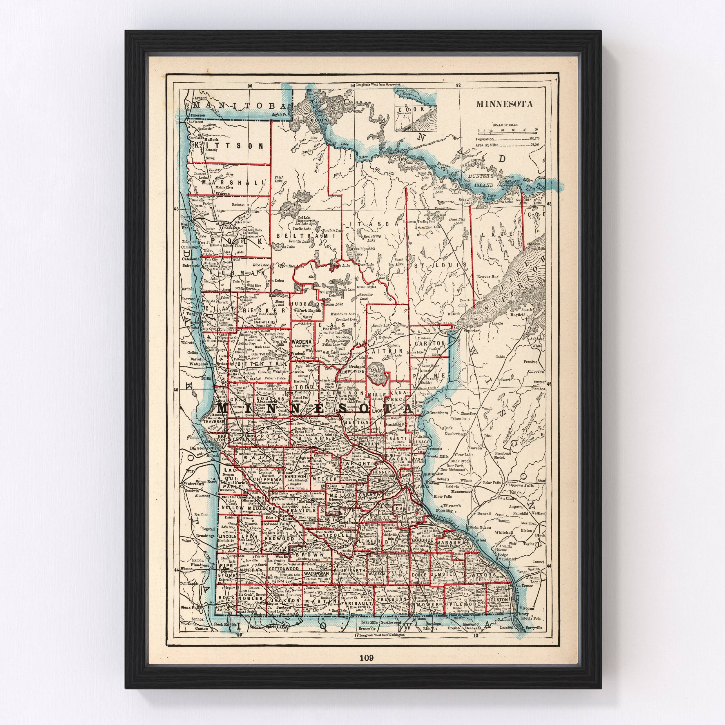 Minnesota Map 1893 - Old Map of Minnesota Art Vintage Print Framed Wall Art Canvas Portrait MN History Genealogy Farmhouse Décor