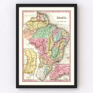 Mapa de Brasil 1842, mapa antiguo de Brasil, arte antiguo de Brasil, regalo de arte mural para amantes de la historia de Brasil, decoración retro