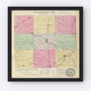 Crawford County Map 1887, Vintage Crawford County Map, Old Crawford County Kansas Art, Wall Art Gift for Crawford County History Lovers Retr