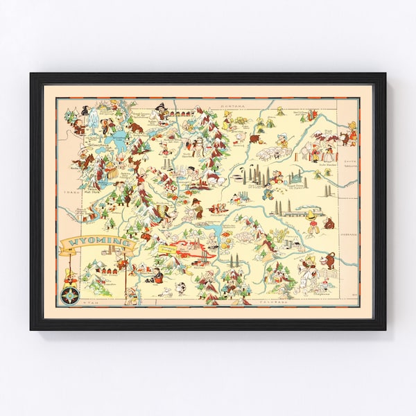 Mapa de Wyoming 1935, mapa antiguo de Wyoming, arte antiguo de Wyoming, regalo de arte de pared para amantes de la historia de Wyoming, decoración retro