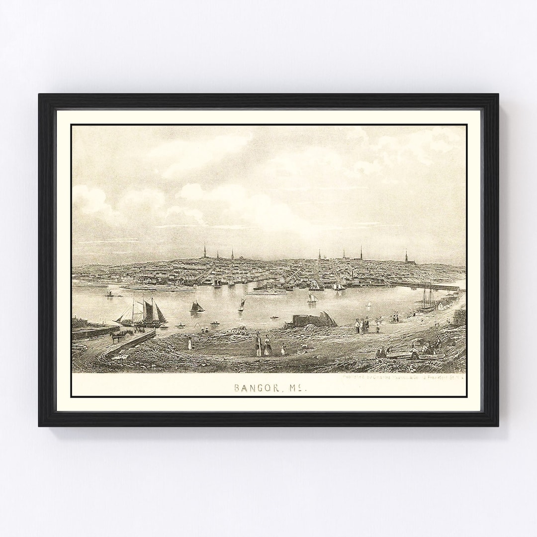 Bangor Map 1850 Old Map of Bangor Maine Art Vintage Print Framed Canvas
