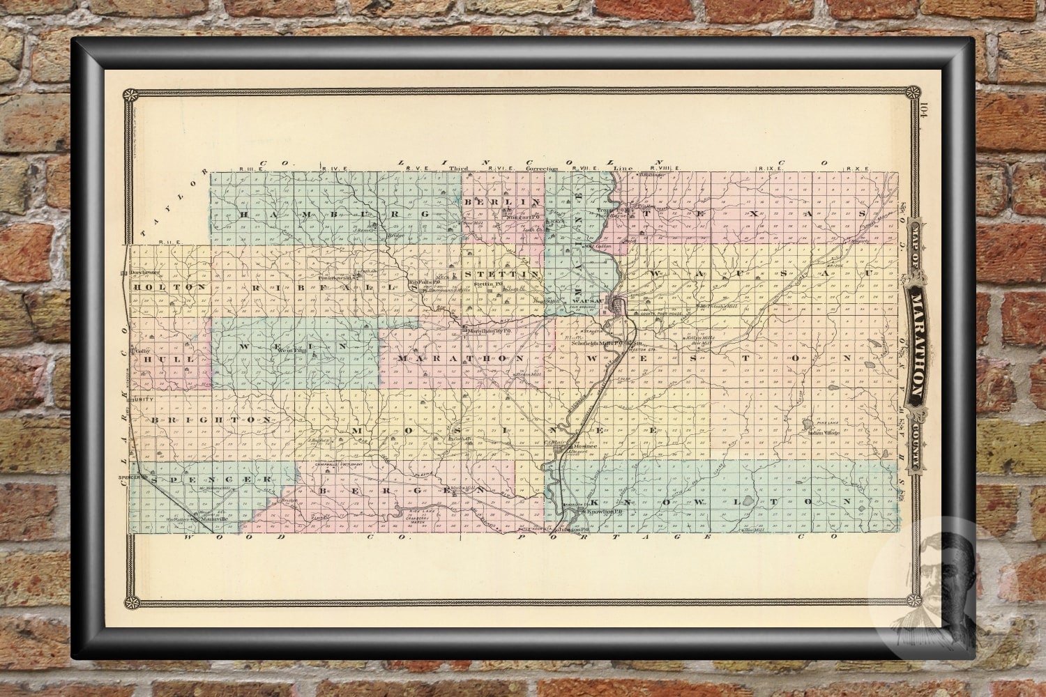 Vintage Marathon County WI Map 1878 Old Wisconsin Map Etsy