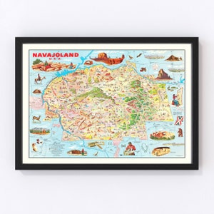 May include: A vintage map of Navajo Land, U.S.A. The map is illustrated with colorful drawings of landmarks, people, and animals. The map is framed in black.