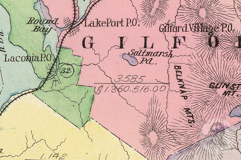 Vintage Belknap County NH Map 1892 Old New Hampshire Map Etsy