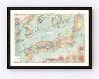 May include: A vintage map of Japan from 1938, showing the islands of Honshu, Hokkaido, Kyushu, and Shikoku. The map is printed in a variety of colors and includes details such as cities, rivers, and mountains. The title of the map is "日本全圖" (Nihon Zenzu), which means "Complete Map of Japan".