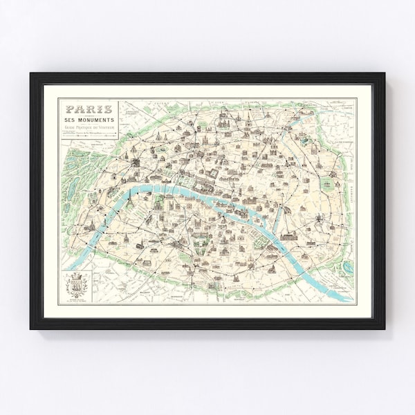 Paris Map 1905 - Old Map of Paris France Art Vintage Print Framed Wall Art Canvas Portrait History Genealogy Travel Ancestry