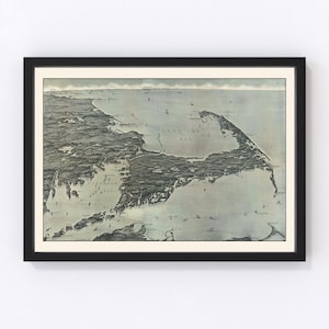 May include: A vintage map of Cape Cod, Massachusetts, with a detailed illustration of the coastline and surrounding waters. The map is in black and white with a light blue tint, and includes the text "Cape Cod Bay".