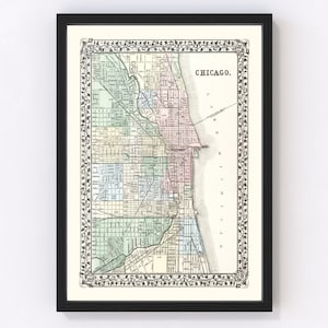 Chicago Map 1874, Vintage Chicago Map, Old Chicago Illinois Art, Wall Art Gift for Chicago History Lovers Retro Decor