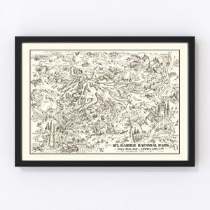 May include: A vintage black and white illustration map of Mount Rainier National Park in Washington State. The map shows the park's trails, roads, and points of interest. The text at the bottom reads "Mt. Rainier National Park - Willy Helly Map - Graphic Arts, Inc. - Washington, Wash."