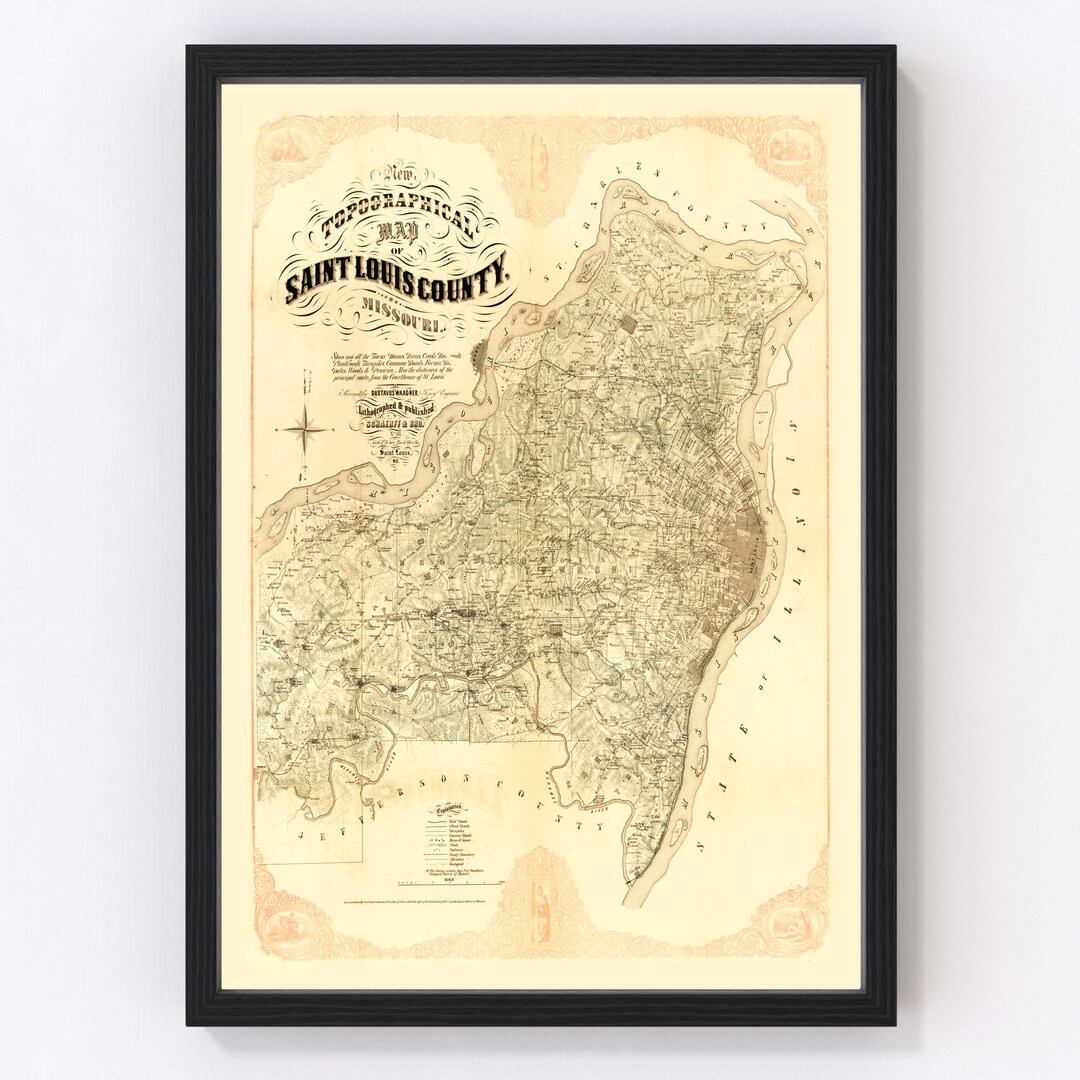 Saint Louis County MO Map 1857 Old Map of Clayton Missouri Art Vintage Print Framed Canvas Bird