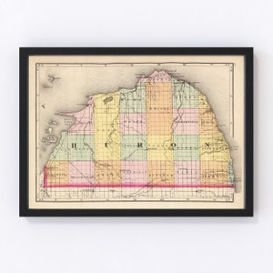 Huron County Map 1873, Vintage Huron County Map, Old Huron County Michigan Art, Wall Art Gift for Huron County History Lovers Retro Decor