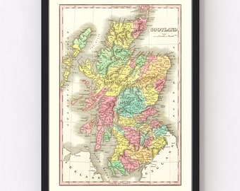 Scotland Map 1831, Vintage Scotland Map, Old Scotland Art, Wall Art Gift for Scotland History Lovers Retro Decor