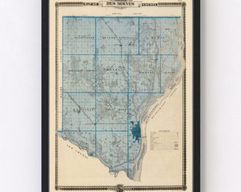 Des Moines County IA Map 1875 - Old Map of Burlington Iowa Art Vintage Print Framed Canvas Bird's Eye View Portrait History Genealogy