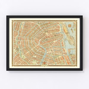 May include: A vintage map of Amsterdam, Netherlands, printed in a warm color palette with a gold border. The map shows the canals and streets of the city. The text "AMSTERDAM" is printed in a red box at the bottom of the map.