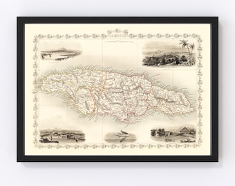 May include: An antique map of Jamaica, printed in black and white with red and yellow accents. The map shows the island's counties and parishes, with inset views of Kingston, Spanish Town, and the Blue Mountains.