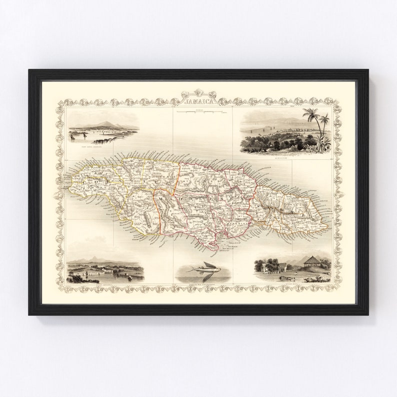 Pode incluir: Um mapa antigo da Jamaica, impresso em preto e branco com acentos vermelhos e amarelos. O mapa mostra os condados e par&oacute;quias da ilha, com vistas inseridas de Kingston, Spanish Town e das Blue Mountains.