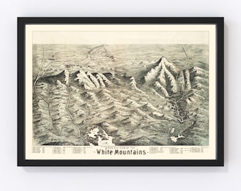 White Mountains Map 1890 - Old Map of White Mountains New Hampshire Art Vintage Print Framed Canvas Birds Eye View Portrait History