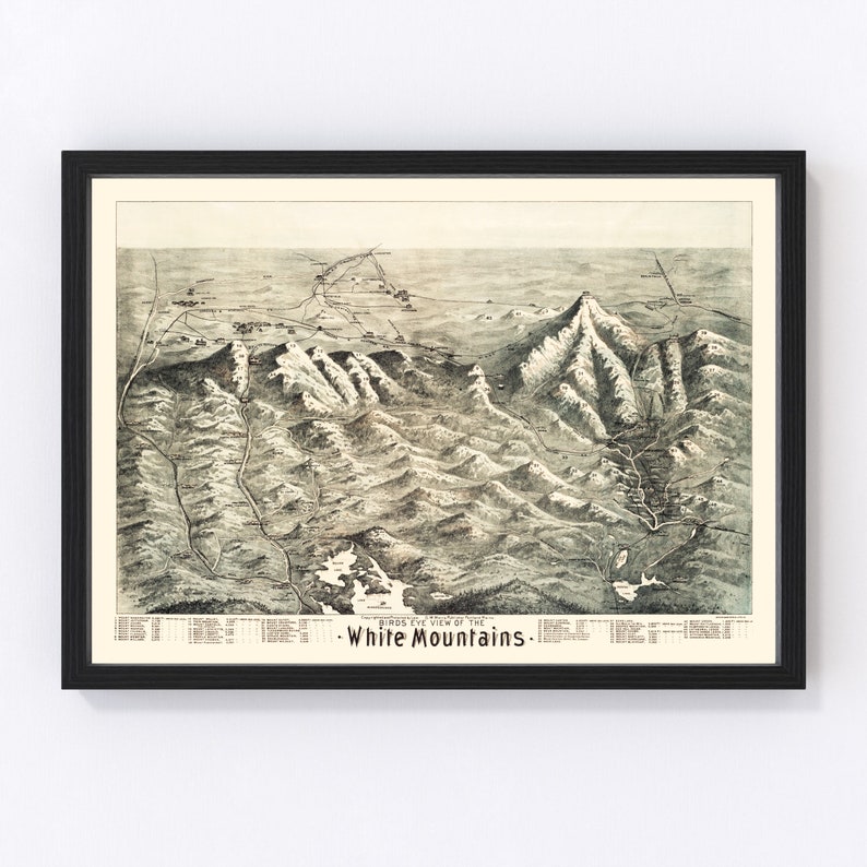 White Mountains Map 1890 - Old Map of White Mountains New Hampshire Art Vintage Print Framed Canvas Birds Eye View Portrait History