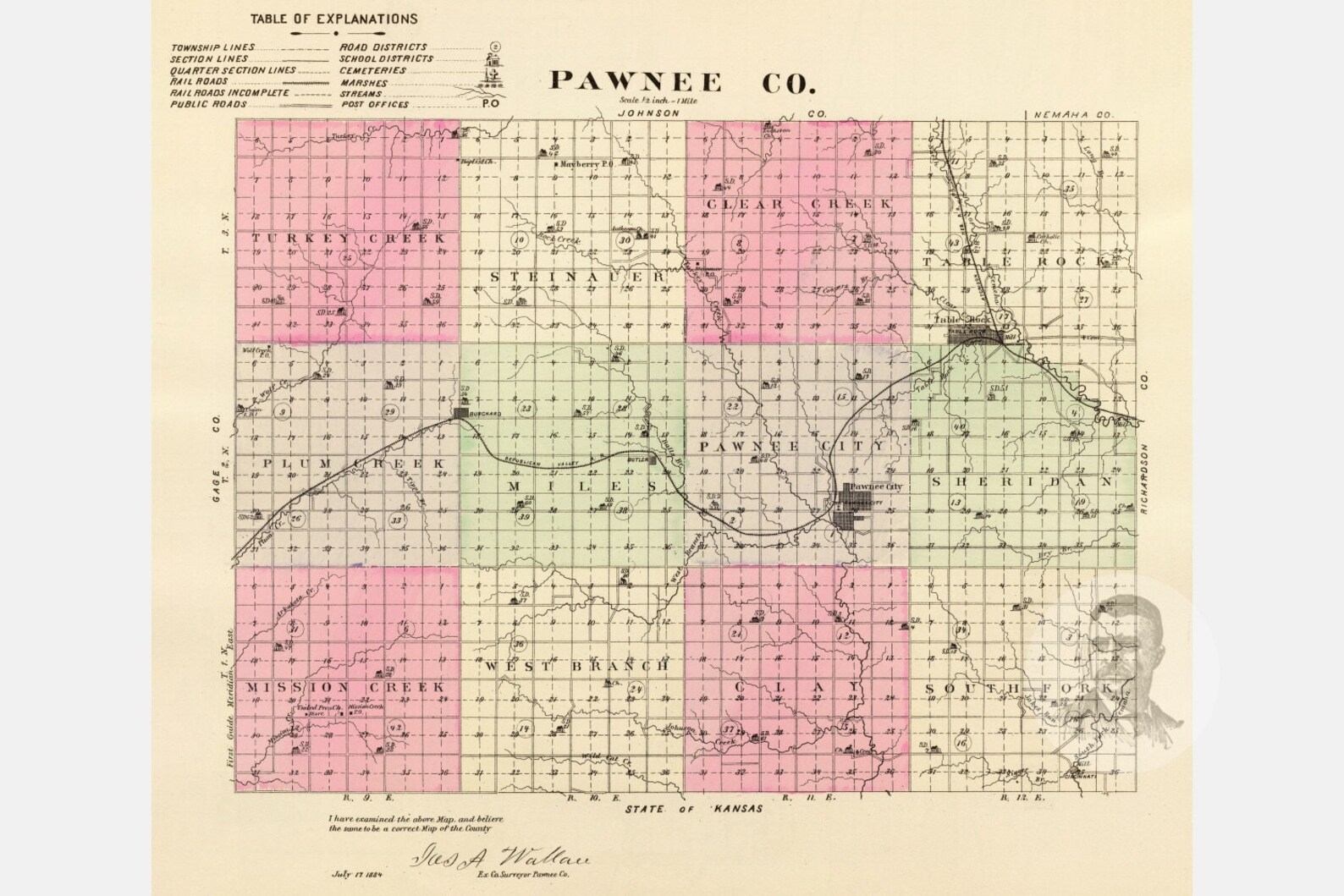 Vintage Pawnee County NE Map 1885 Old Nebraska Map Etsy
