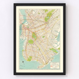 May include: Vintage map of Brooklyn, New York City, showing streets and neighborhoods. The map is printed in black, red, yellow, and green on a white background. The title "Notaras' Brooklyn House Numbered Map" is printed in the bottom right corner.